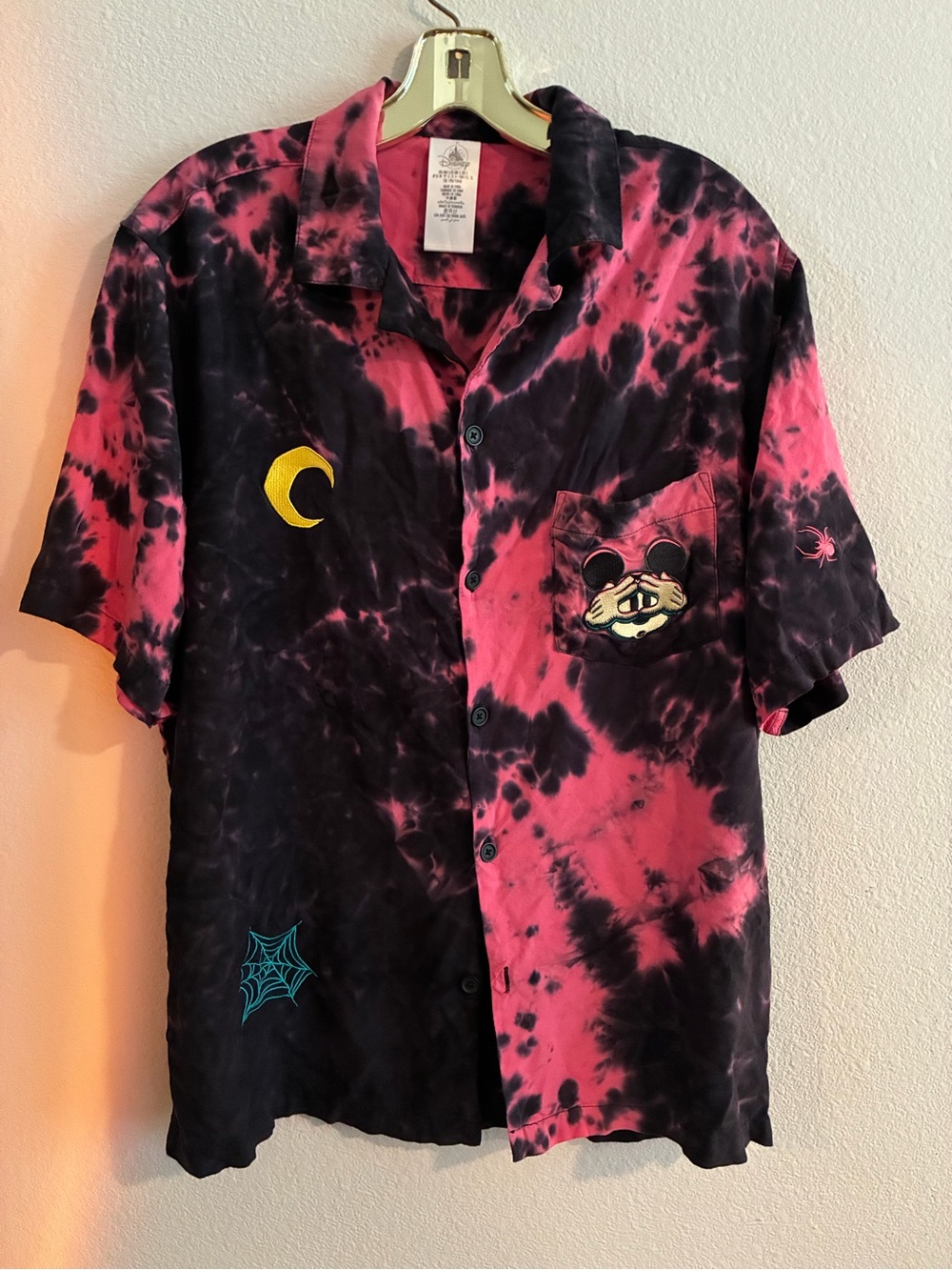 Disney Mickey Mouse Tie-Dye Halloween Button-Up Shirt in Pink and Black - Picture 3 of 5